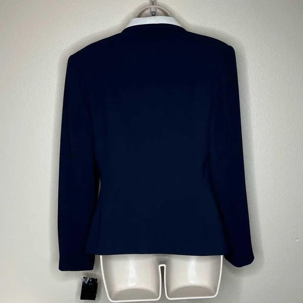 NWT Le Suit Navy Ivory Lapel Blazer Jacket Button Front Fully Lined Women Size 6